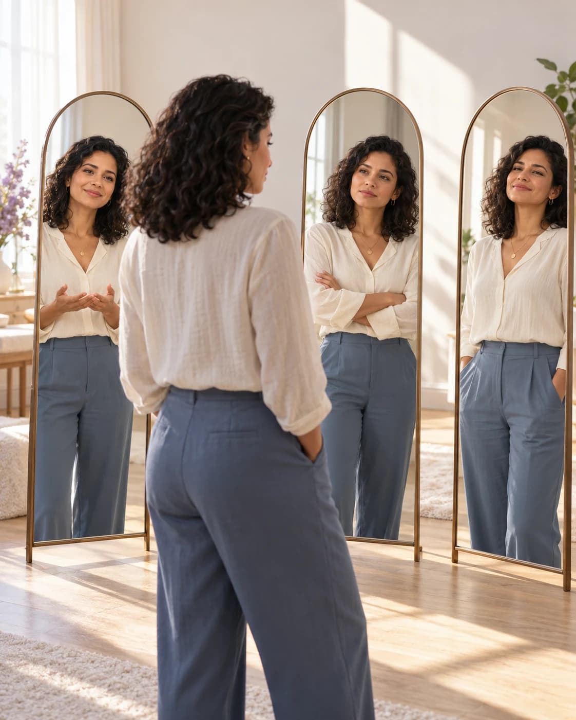 Mulher observa em espelhos diferentes posturas de si mesma