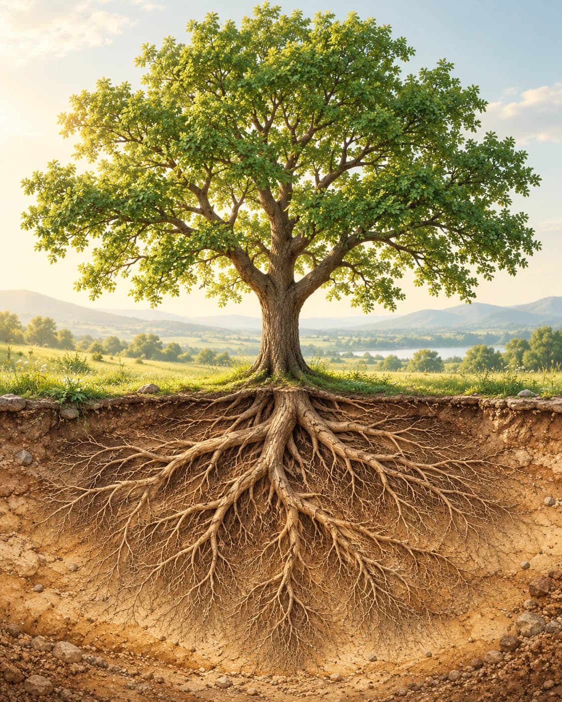 Árvore vista por inteiro, com raízes profundas reveladas abaixo da terra