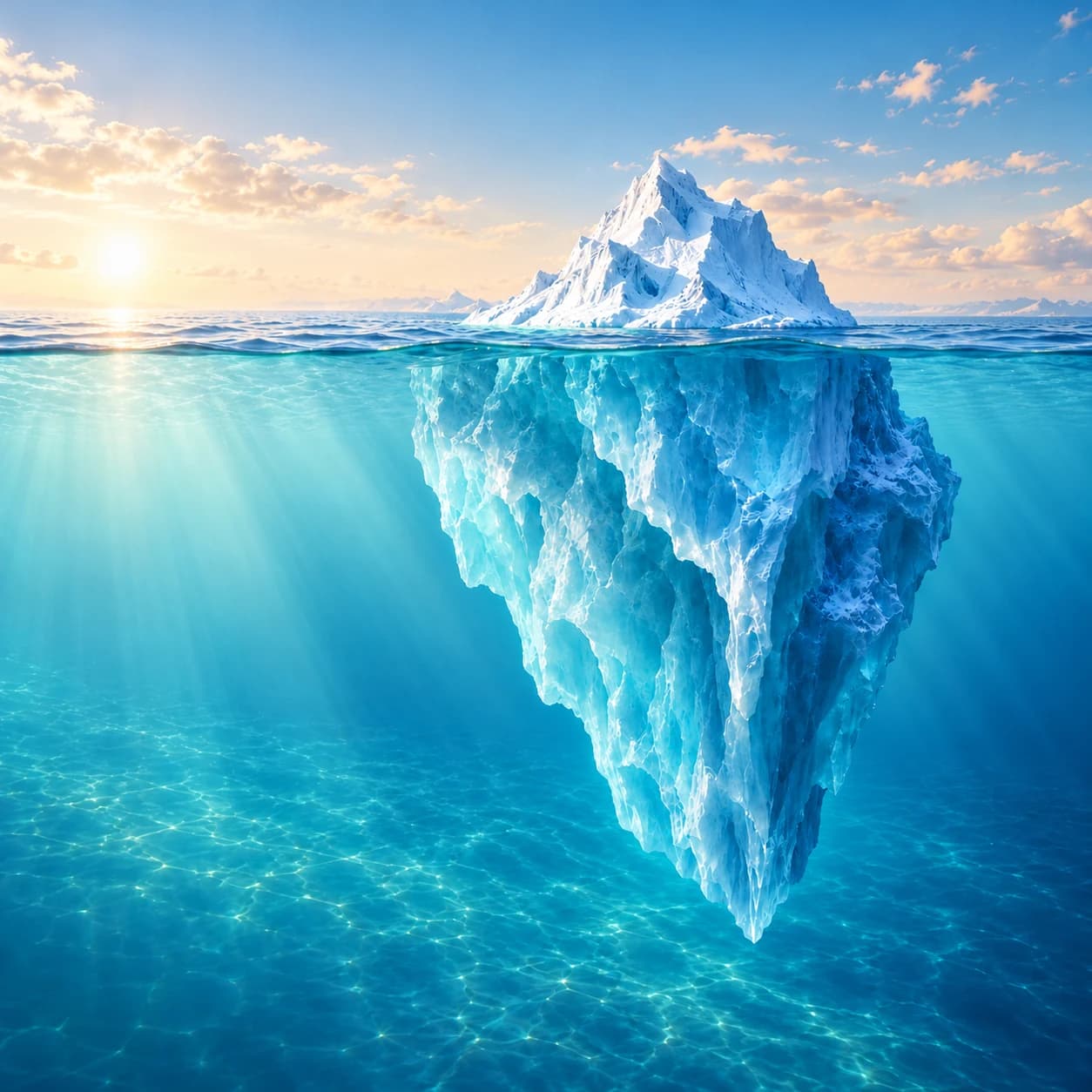Iceberg completo, com a ponta acima da água e a base submersa visíveis